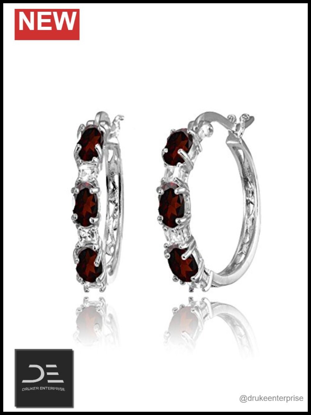 Sterling Silver Hoop Earrings with Garnet & White Topaz Stones